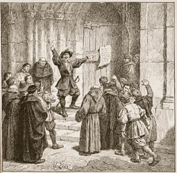 Aske anbringer sin proklamation på døren til York Cathedral, illustration fra 